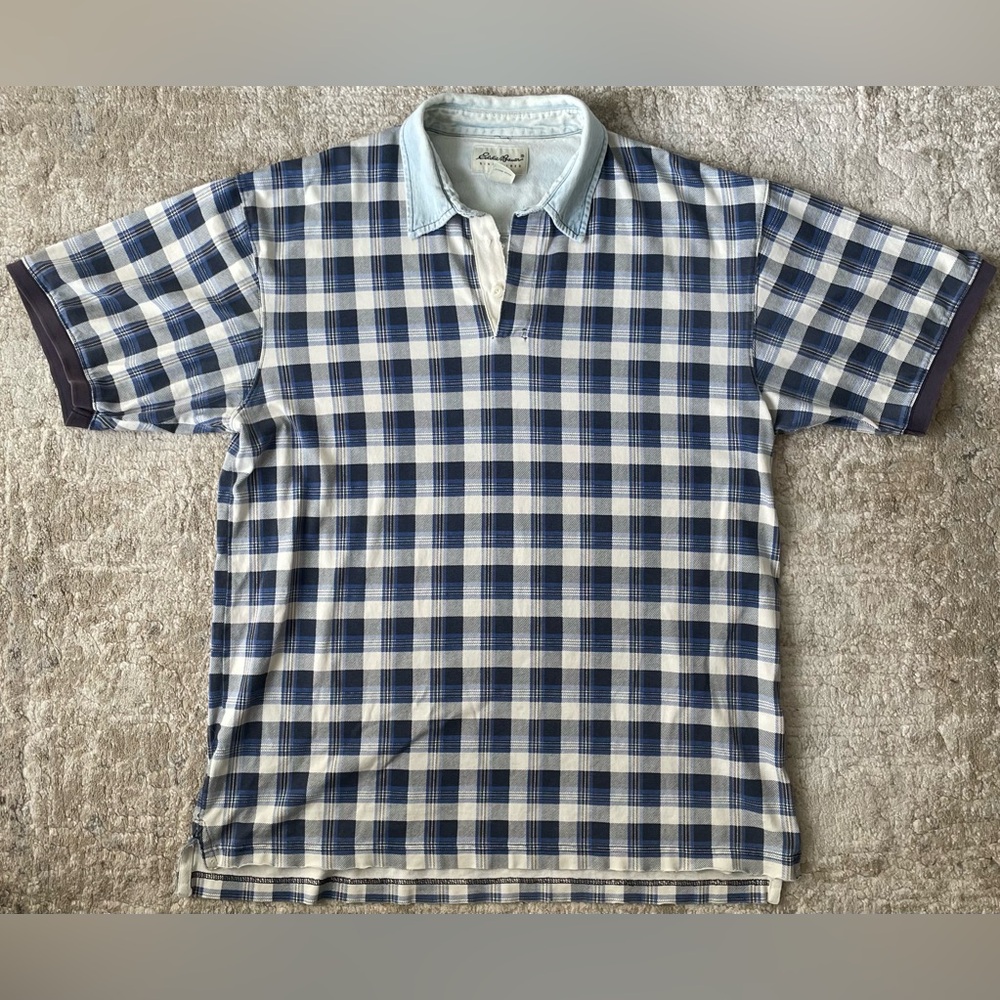 Eddie Bauer plaid button up Denim Collar lightweight polo shirt - SIZE L